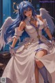 A woman in a white dress with blue hair and angel wings.