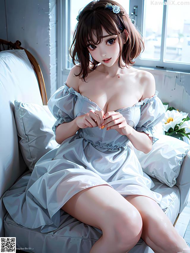 A woman sitting on a couch in a white dress.
