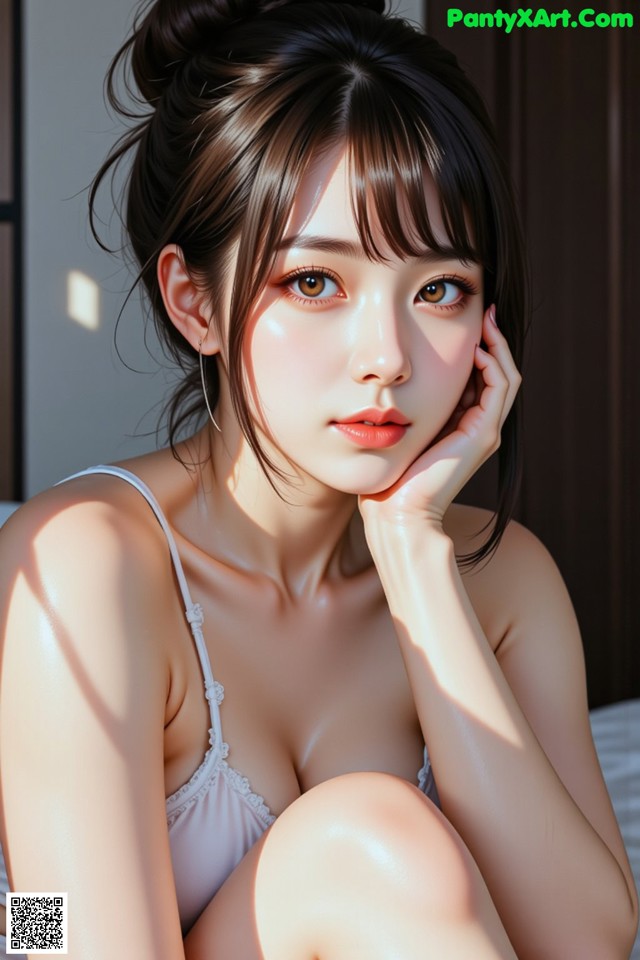 A woman sitting on a bed with her hand on her chin.