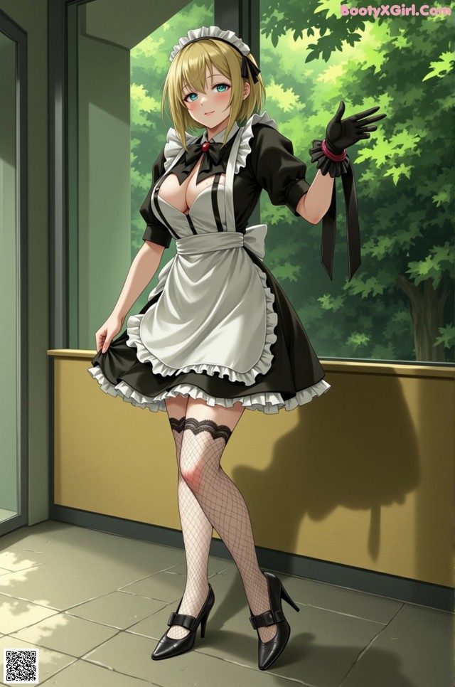 A woman dressed in a maid outfit is posing for a picture.