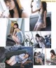 A collage of photos of a woman sitting on a couch.