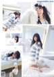 A collage of photos of a woman laying on a bed.