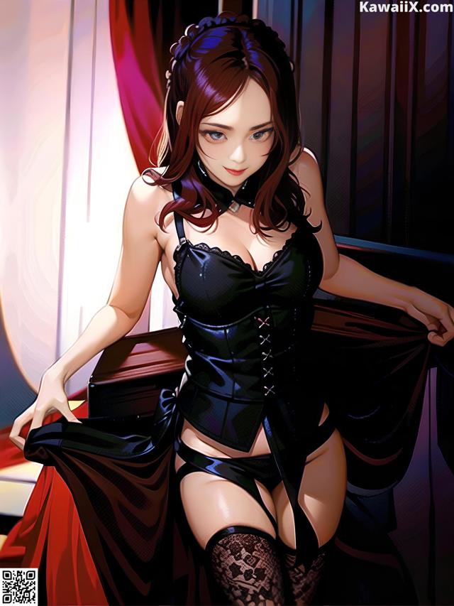 A woman in a black corset and stockings posing for a picture.