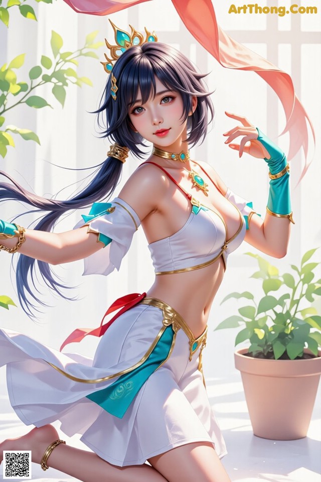 A woman in a white and blue outfit with a crown on her head.