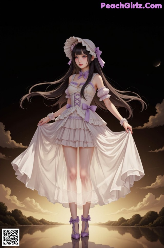 A girl in a white dress and hat standing in front of a lake.