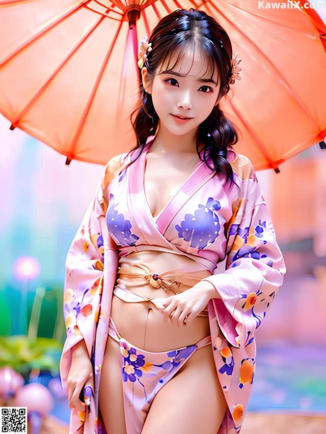 A woman in a kimono holding an orange umbrella.