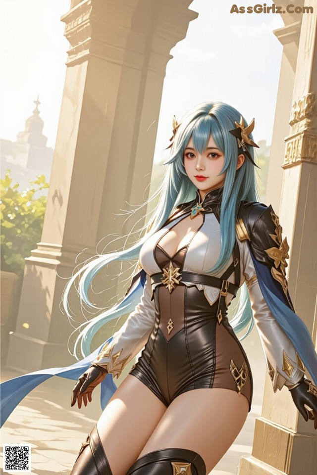 A woman with long blue hair wearing a black and white outfit.
