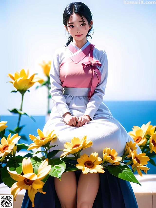 A woman sitting on a bench surrounded by yellow flowers.