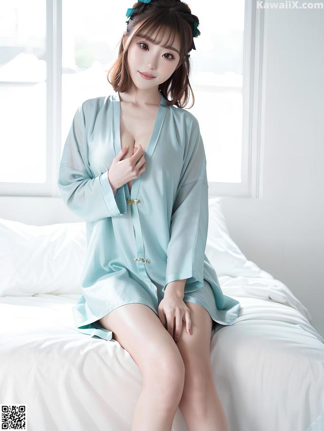 A woman sitting on a bed wearing a blue robe.