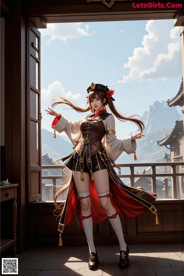 A woman in a red and black outfit standing in front of a window.
